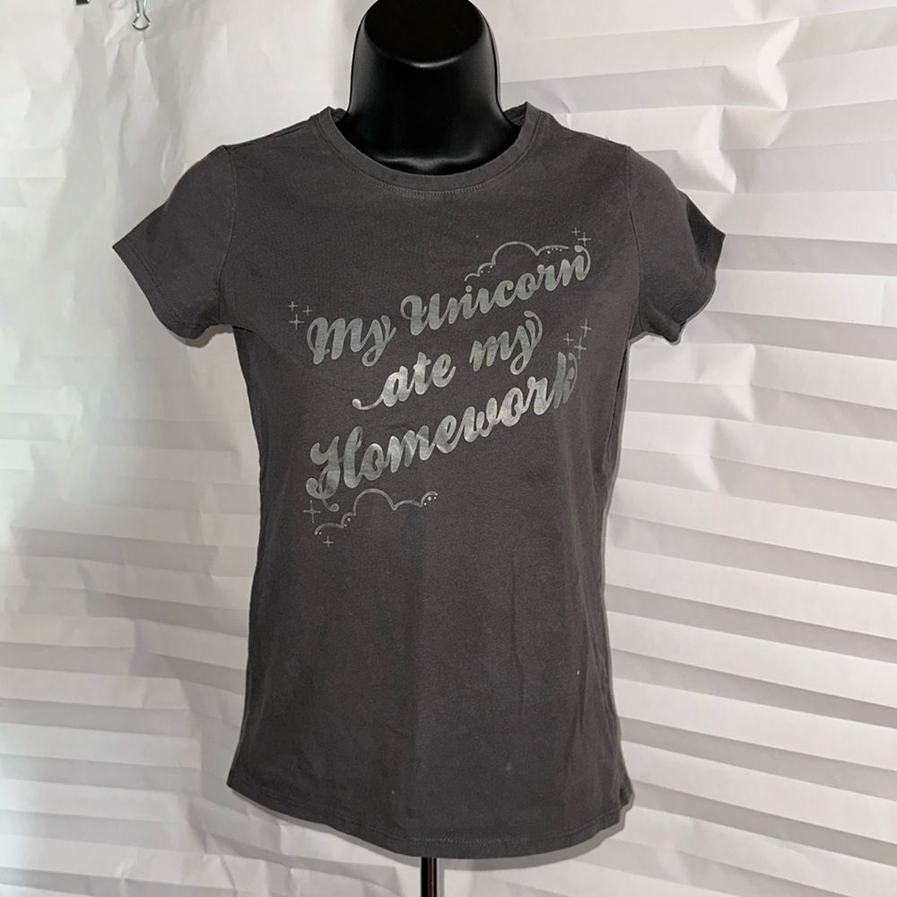 Cat & Jack Girls Dark Gray T-Shirt “My Unicorn Ate My Homework” Sz Large